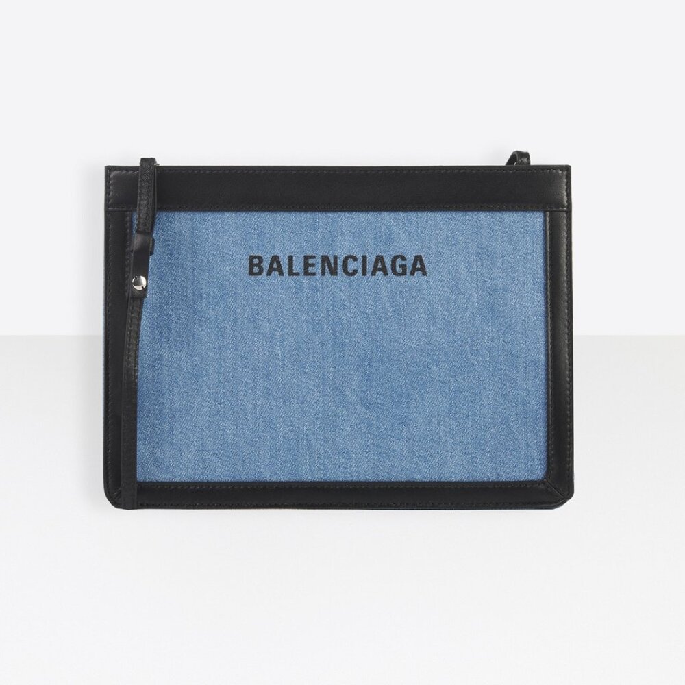 Balenciaga Denim Blue Black Leather Trimmed Pochette Shoulder Crossbody Bag